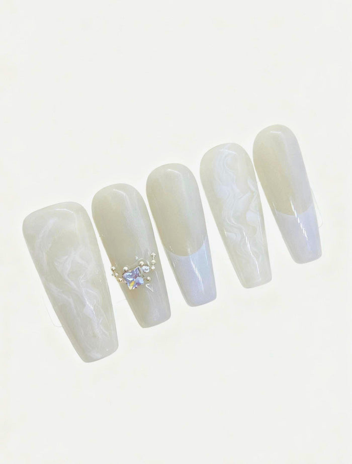Pale Gray and Milky White Marble Press On Nails with Blue-Gray French Tips
