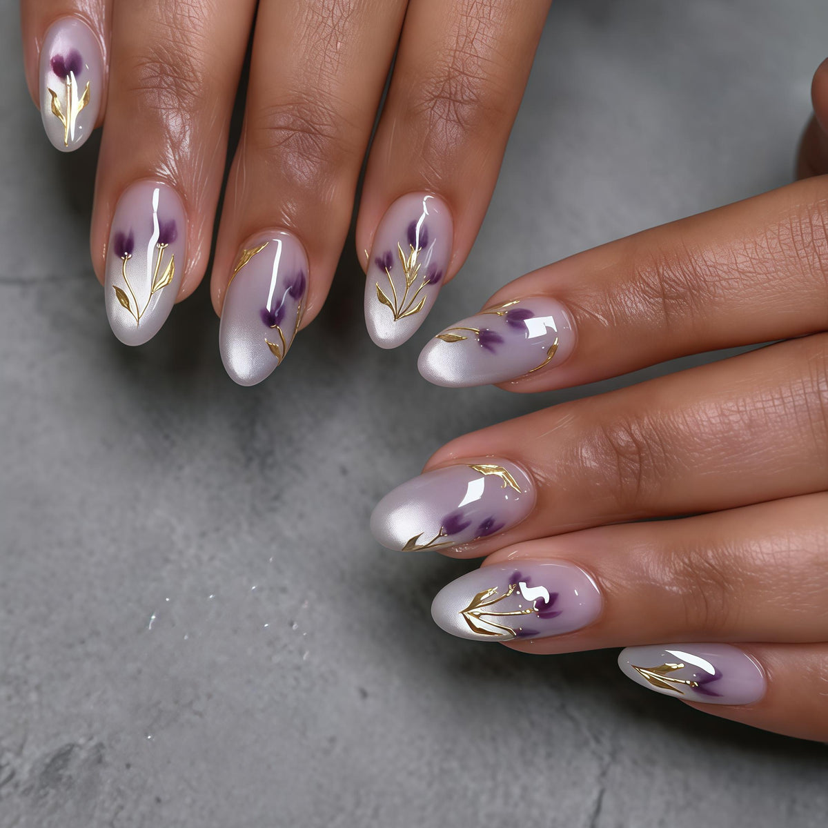 Pale Lavender Floral Nails with Gold Botanical Details
