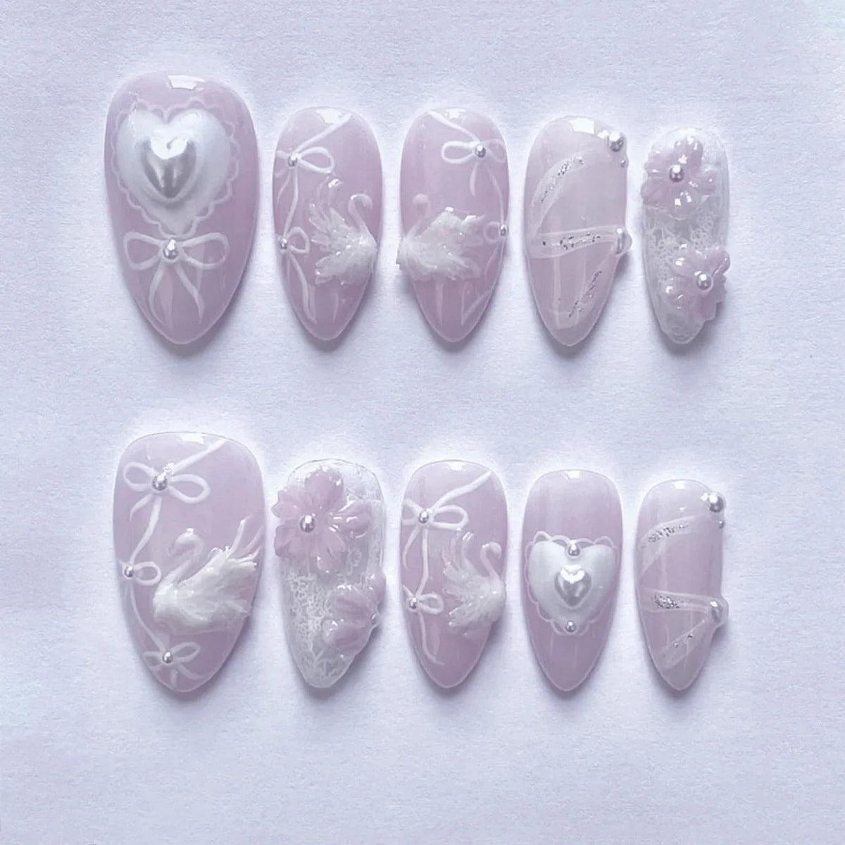 Pale Lilac Bow and Heart Press-On Nails with Pearls and 3D Flower