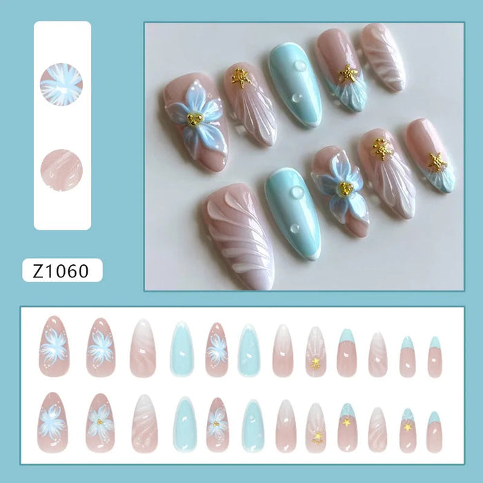Pale Pink and Aqua Floral French Tip Press On Nail Set with Gold Accents