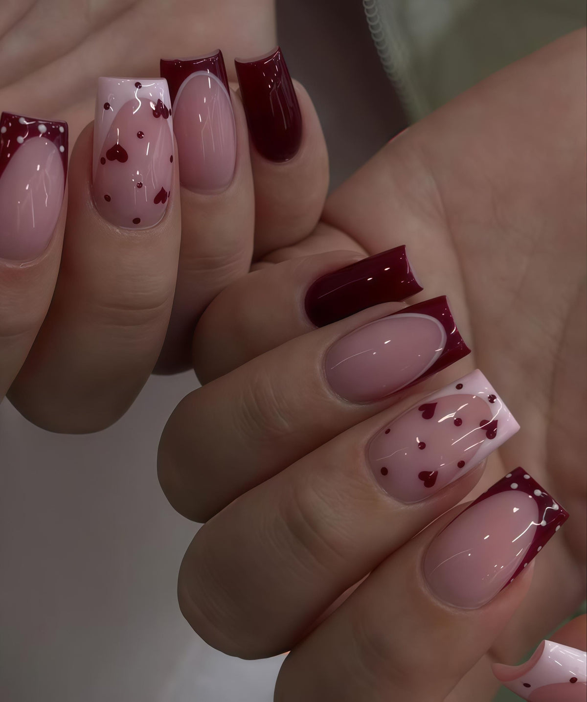 Pale Pink and Burgundy Heart Polka Dot French Tip Nail Set