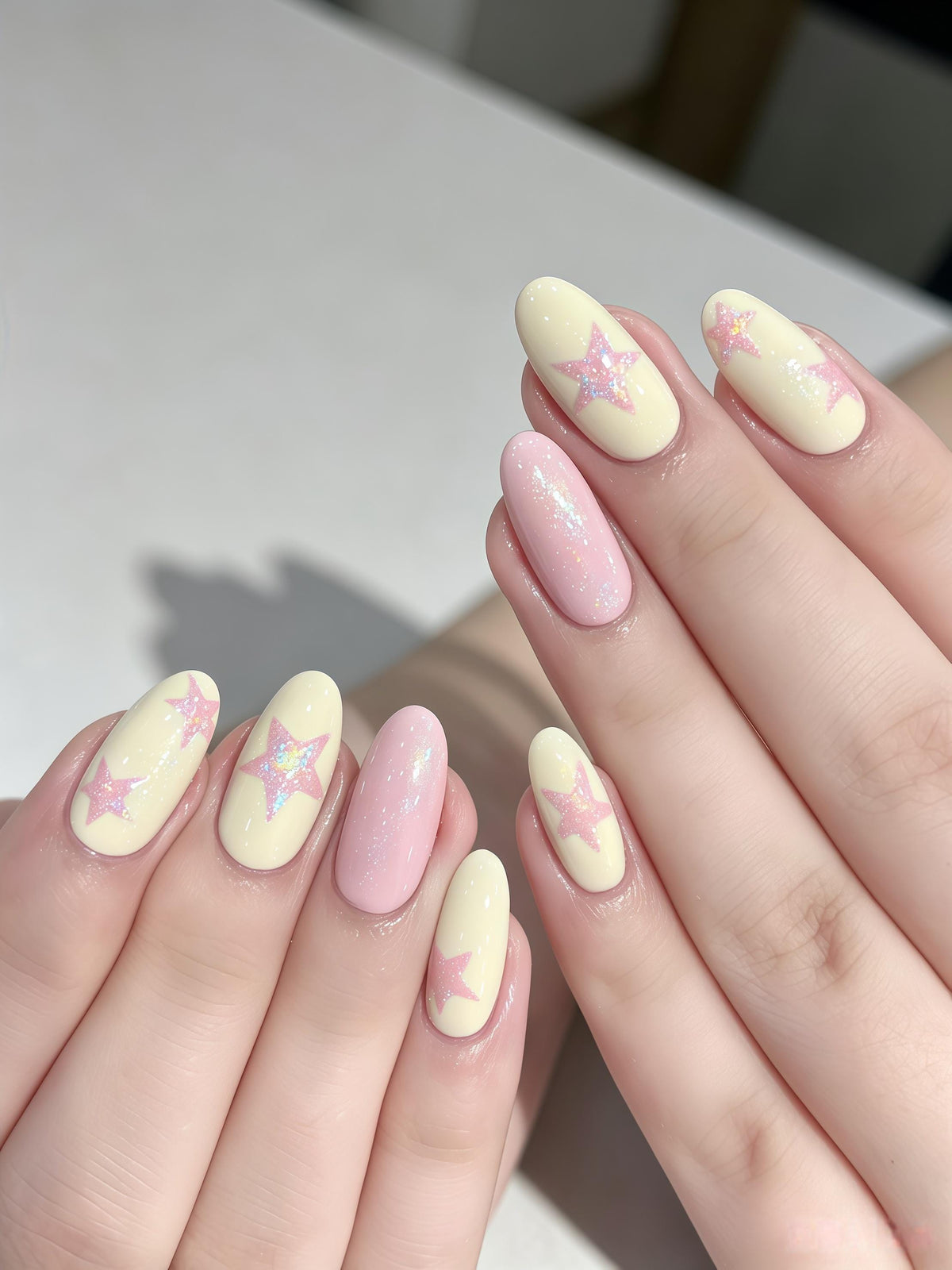 Pale Pink and Cream Yellow Glitter Star Press-On Nail Set