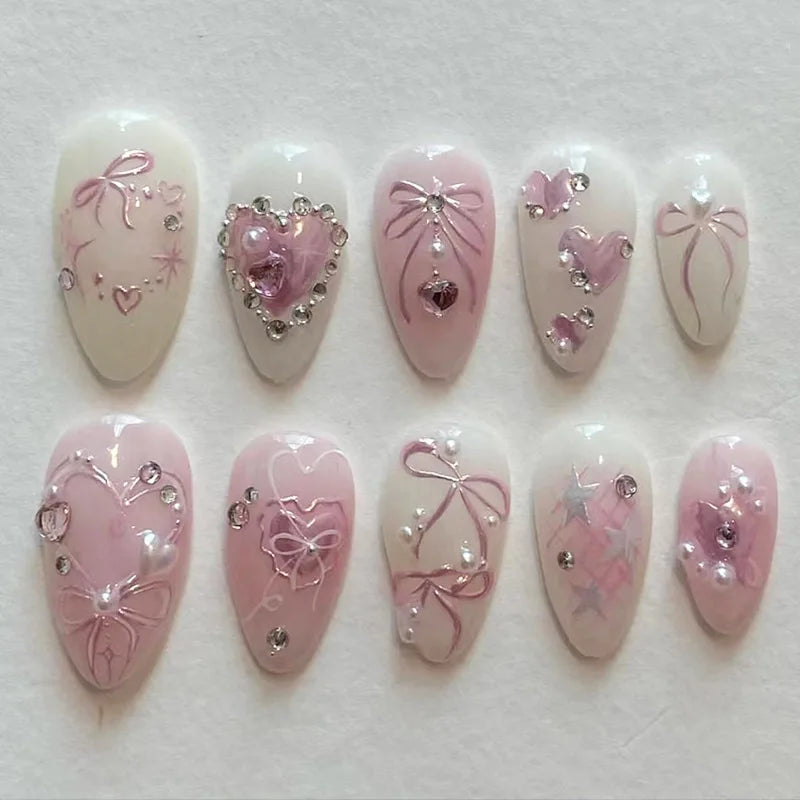 Pale Pink and Ivory Bow Heart Press On Nails with Pearls and Rhinestones