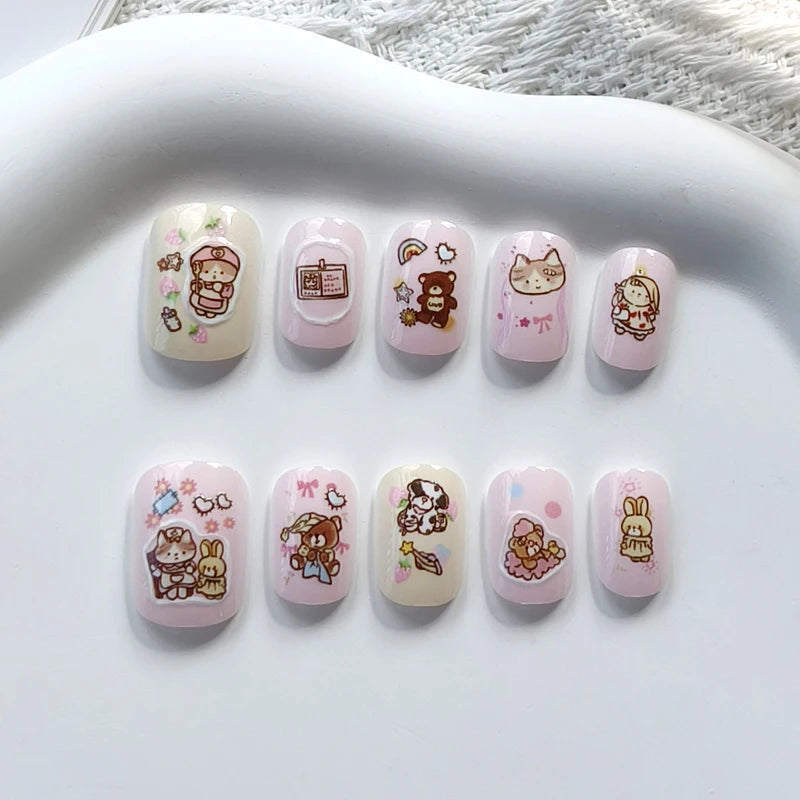 Pale Pink and Ivory Cartoon Character Nail Set With Cats, Bears and Bunnies