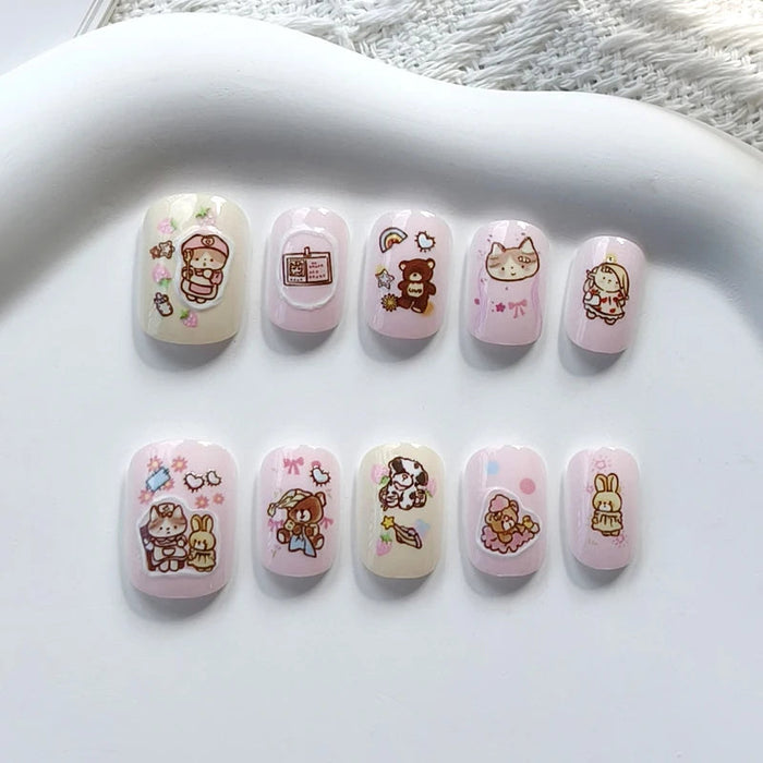 Pale Pink and Ivory Cartoon Character Press On Nail Set With Cats, Bears and Bunnies