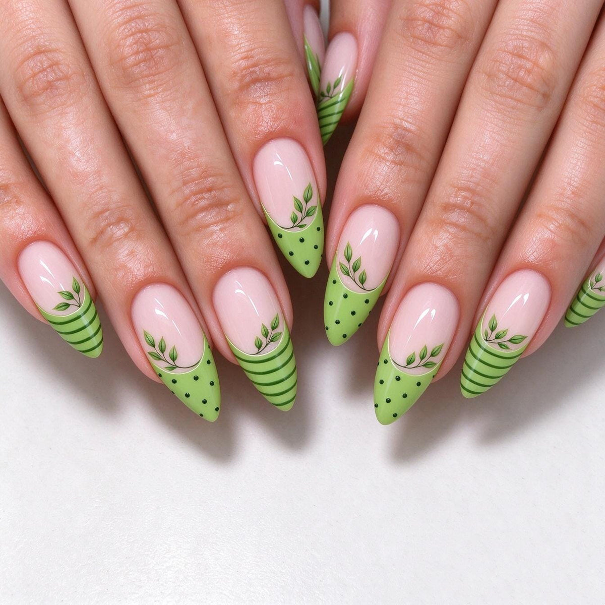 Pale Pink and Lime Green Leaf French Tip Nail Set