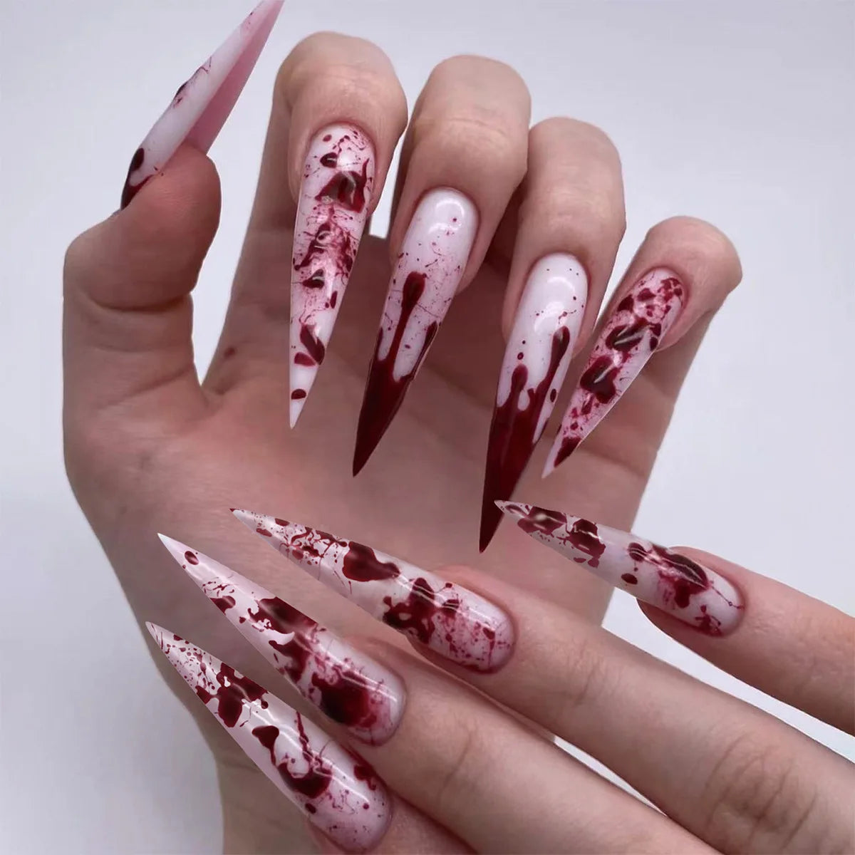 Pale Pink and White Blood Splatter Stiletto Nail Set