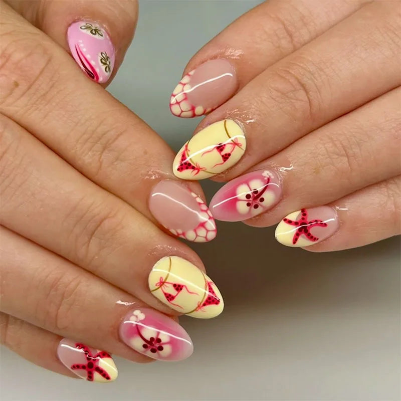 Pale Pink and Yellow Floral Doodle Nail Set with Bows and Scalloped Tips