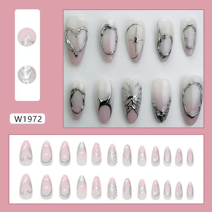 Pale Pink Chrome Press On Nails With Silver Hearts and Frame Accents
