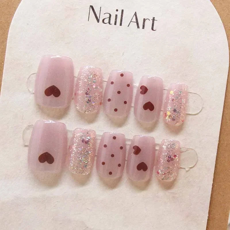 Pale Pink Heart and Polka Dot Press On Nails with Multicolor Glitter