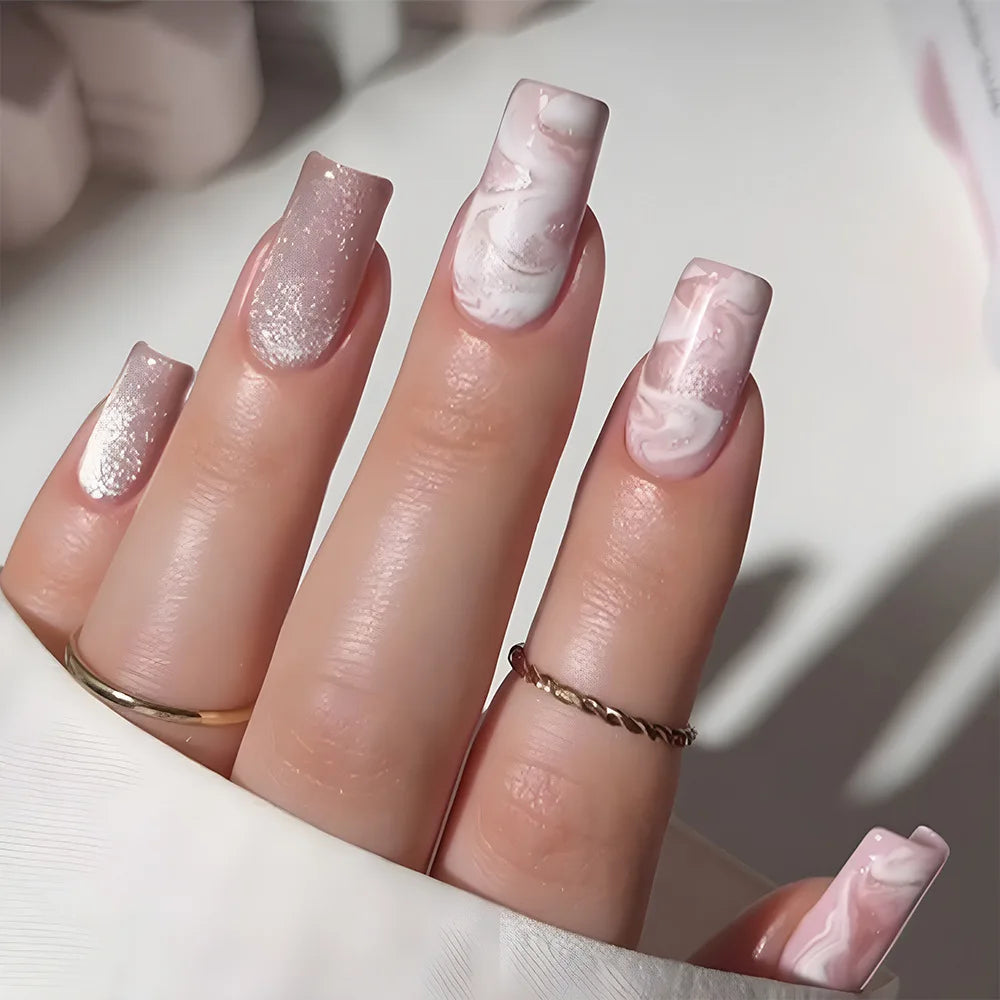 Pale Pink Marble Floral Press-On Nails with Silver Glitter