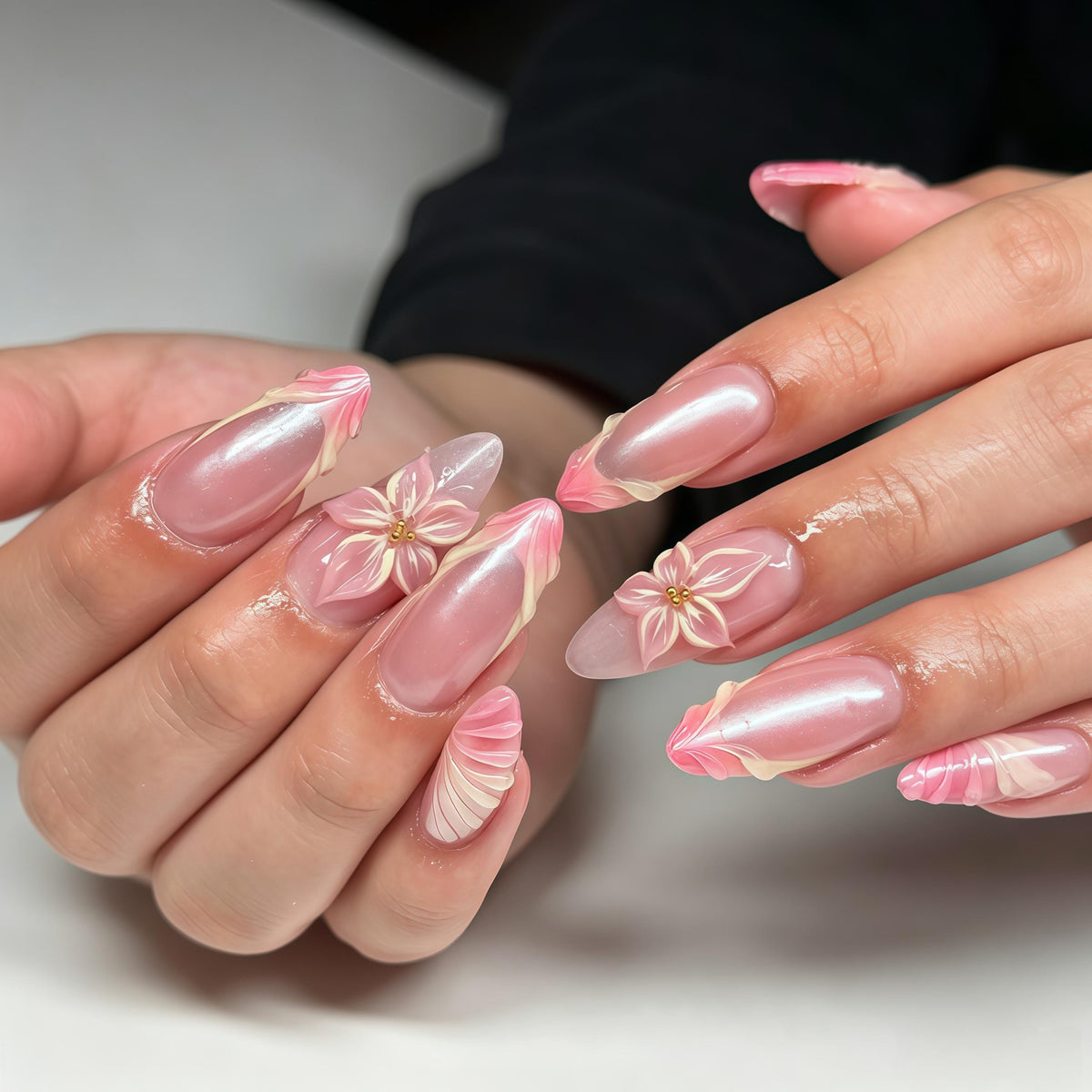 Pale Pink Pearlescent French Tip Nails With 3D Flowers