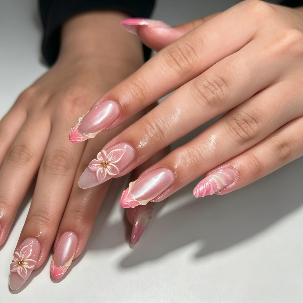 Pale Pink Pearlescent French Tip Nails With 3D Flowers