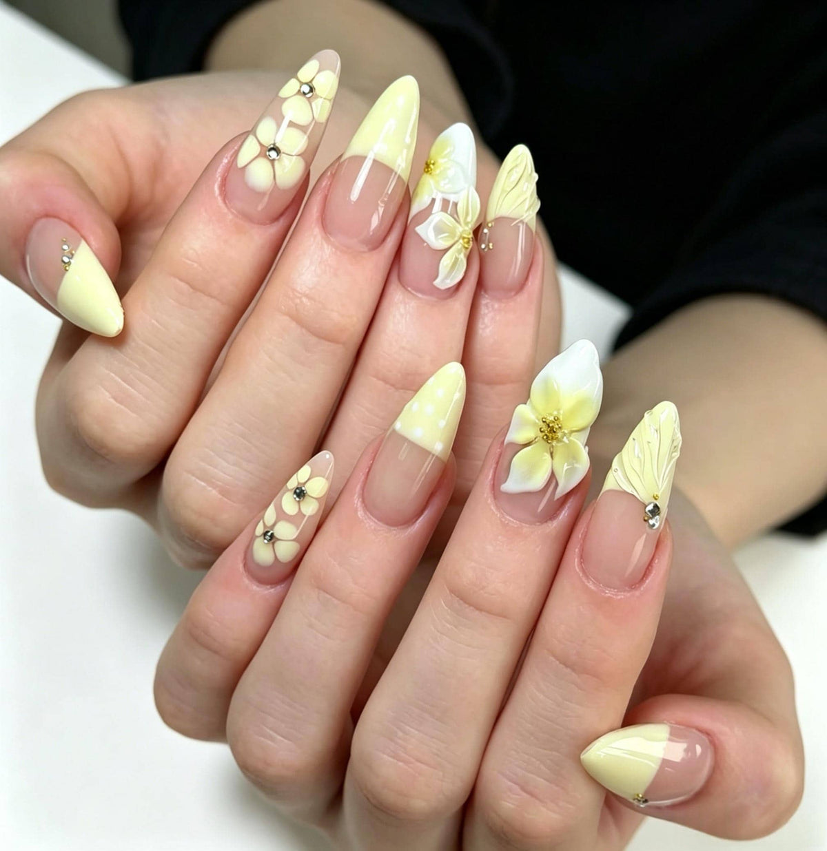 Pale Yellow French Tip Nails with 3D Flowers and Rhinestone Accents