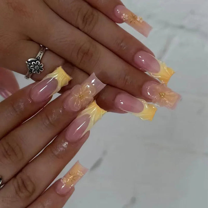 Pale Yellow French Tip Press On Nails With Raised Translucent Flowers
