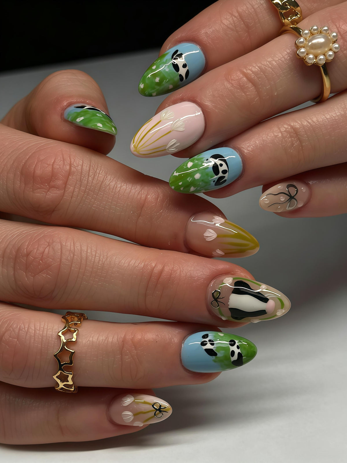 Panda Garden Nails With Blue, Green, and Floral Hand-Painted Art