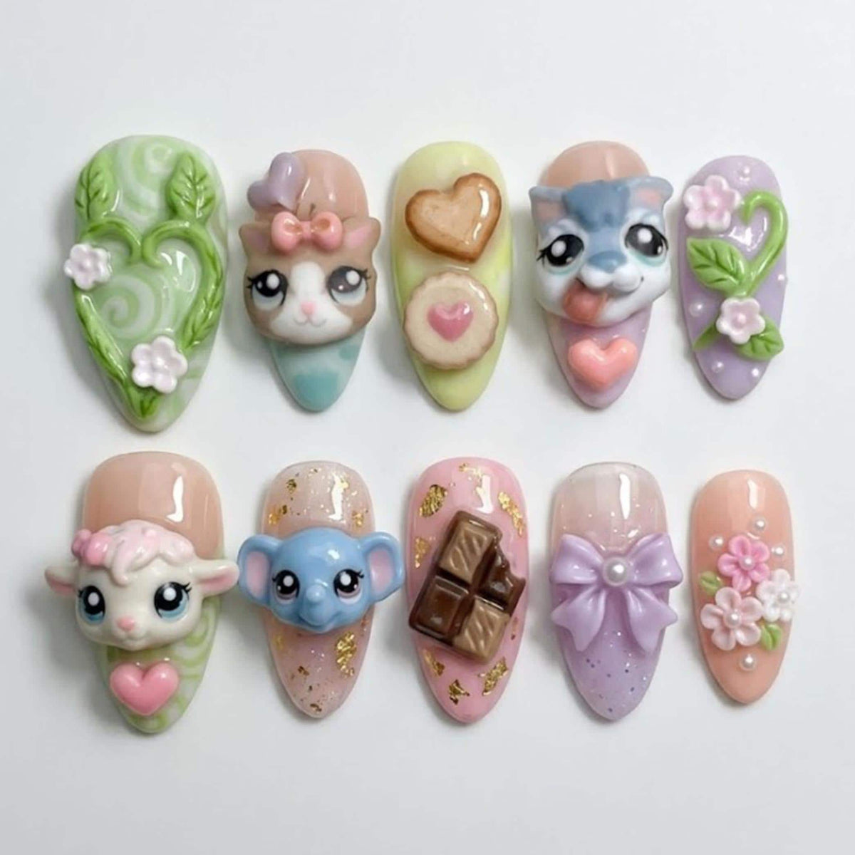 Pastel 3D Animal and Sweet Treat Nail Set with Flowers and Bows