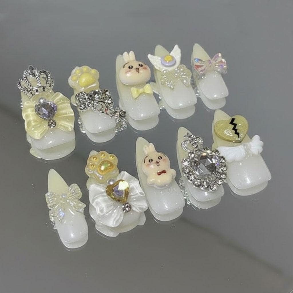Pastel 3D Animal Princess Nails with Crowns, Bows and Rhinestones