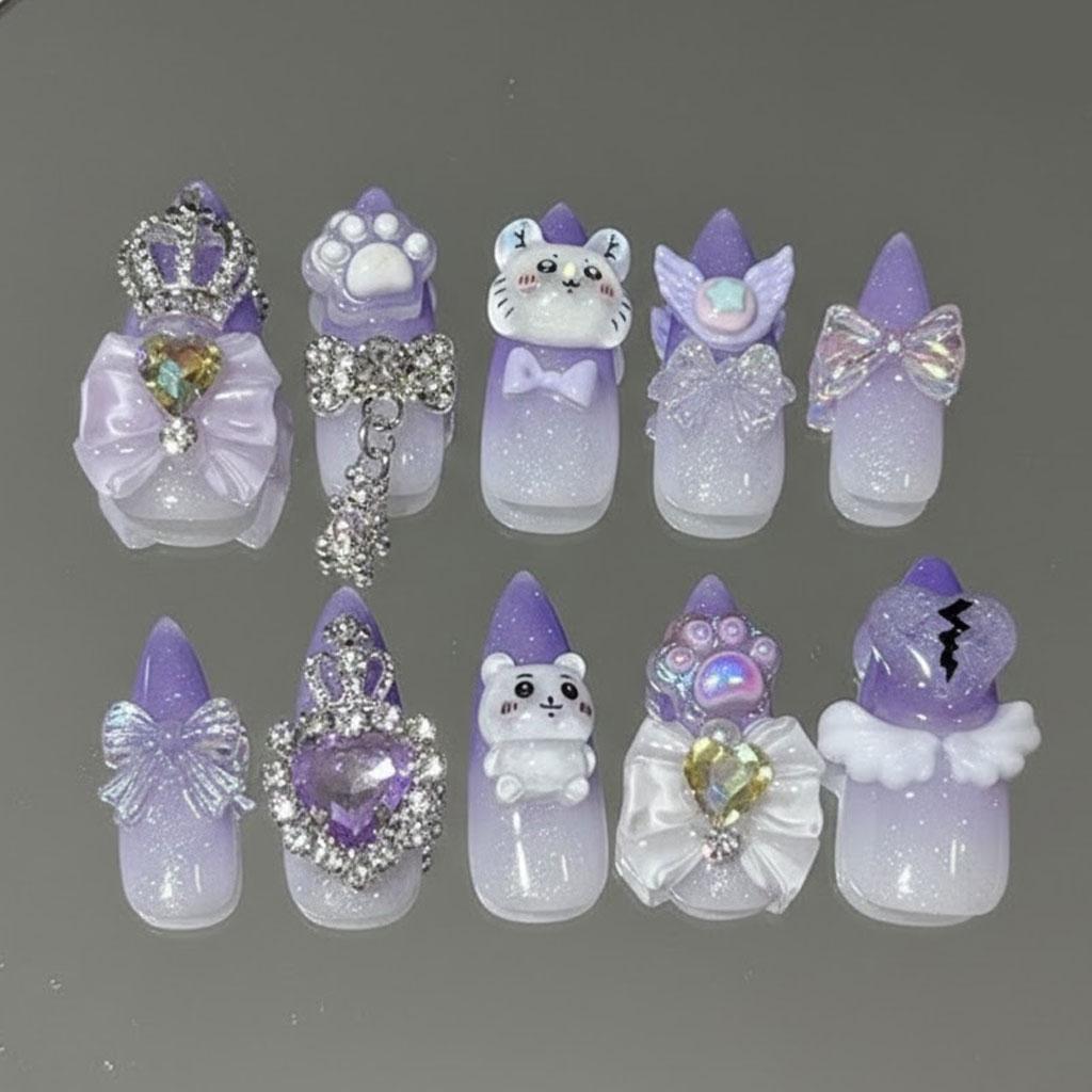 Pastel 3D Animal Princess Nails with Crowns, Bows and Rhinestones