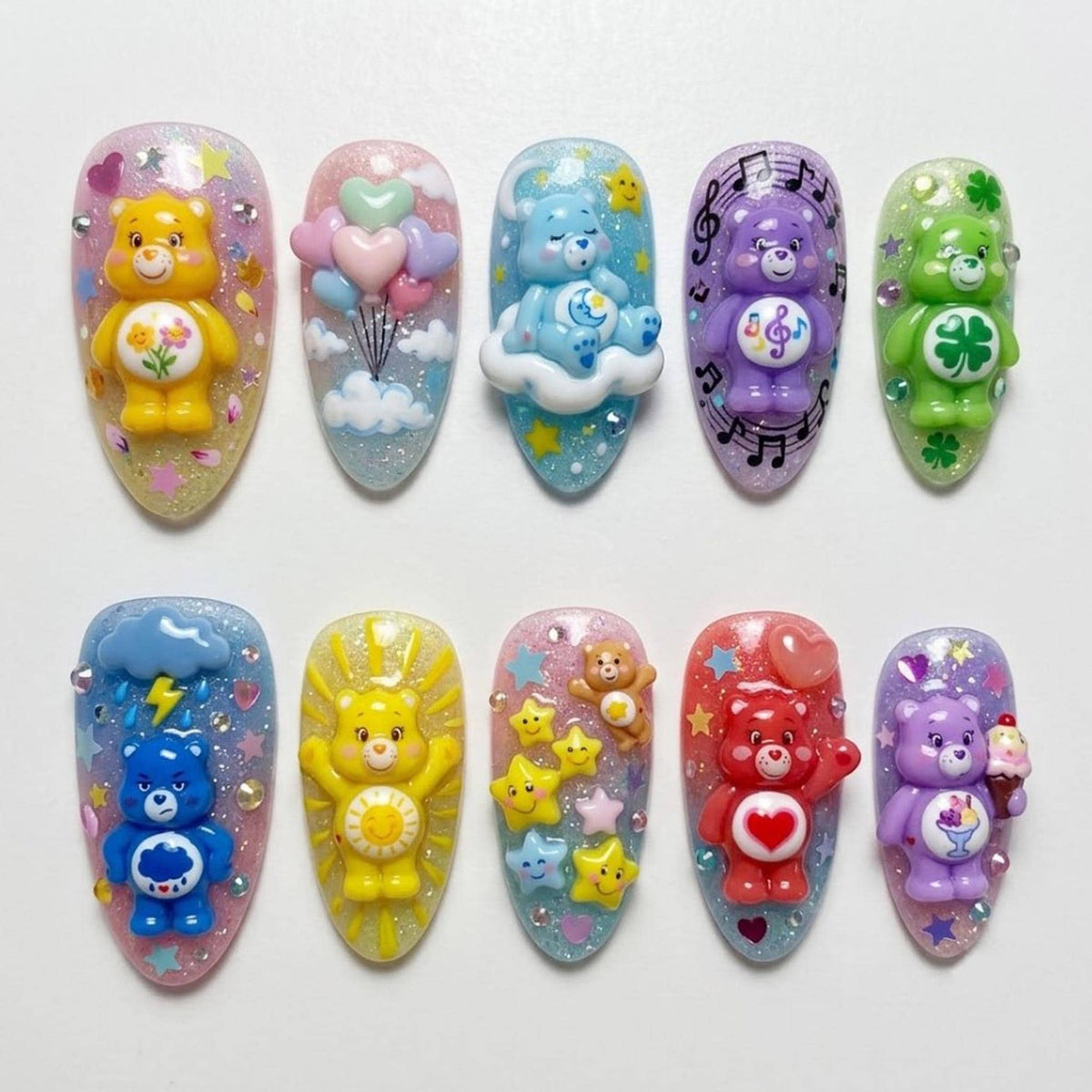 Pastel 3D Bear Nails With Rainbow Glitter and Starry Designs