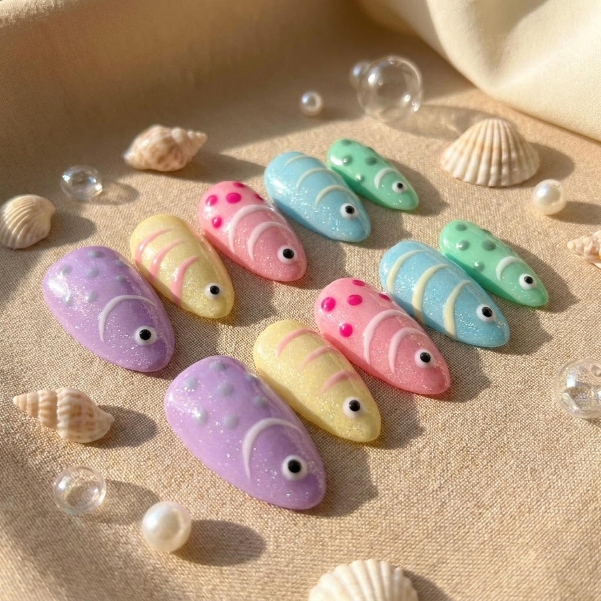 Pastel 3D Fish Summer Ocean Press On Nails in Lavender, Yellow, Pink, Blue & Mint