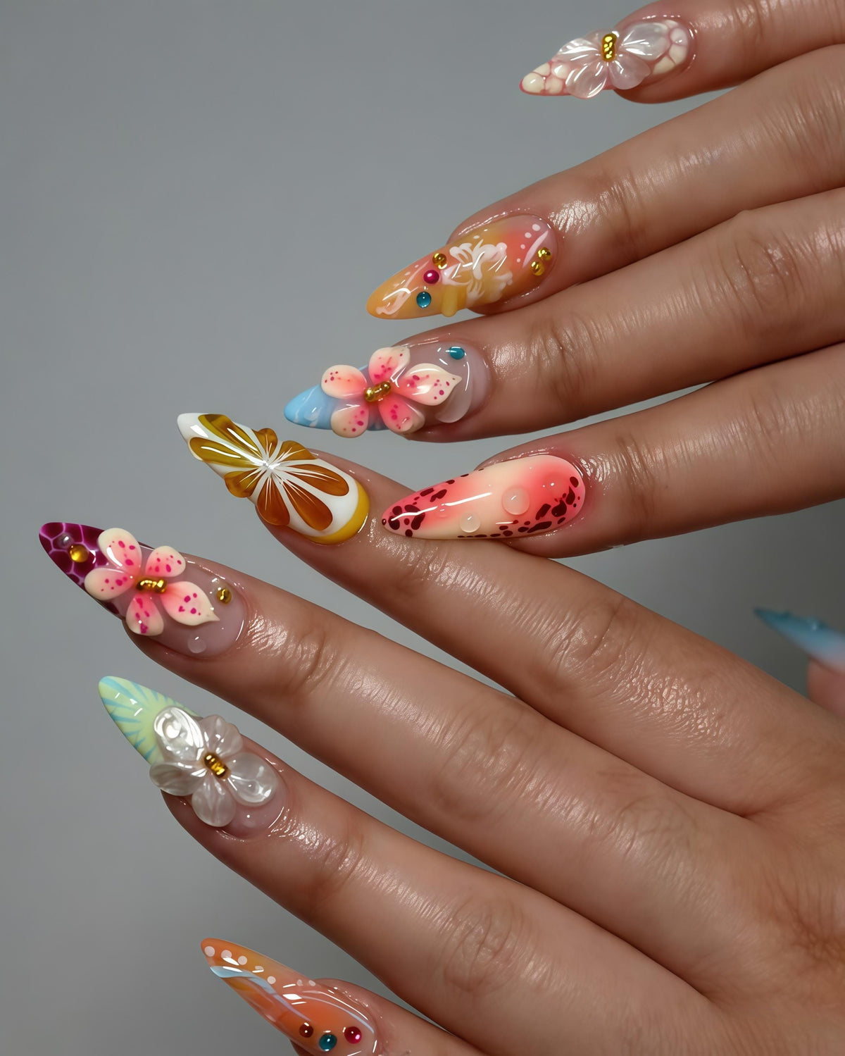 Pastel 3D Flower and Dot Summer Festival Press-On Nail Set