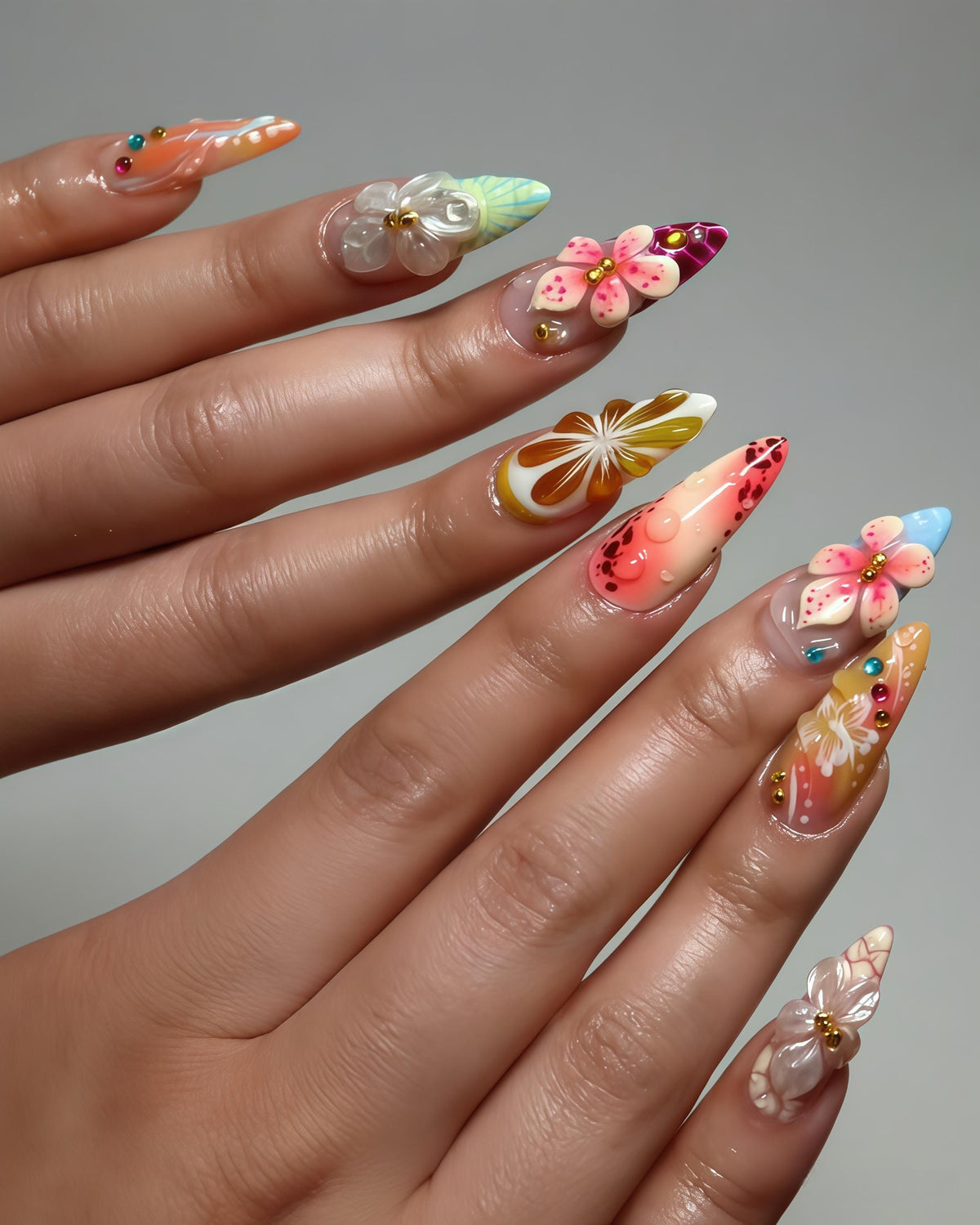 Pastel 3D Flower and Dot Summer Festival Press-On Nail Set