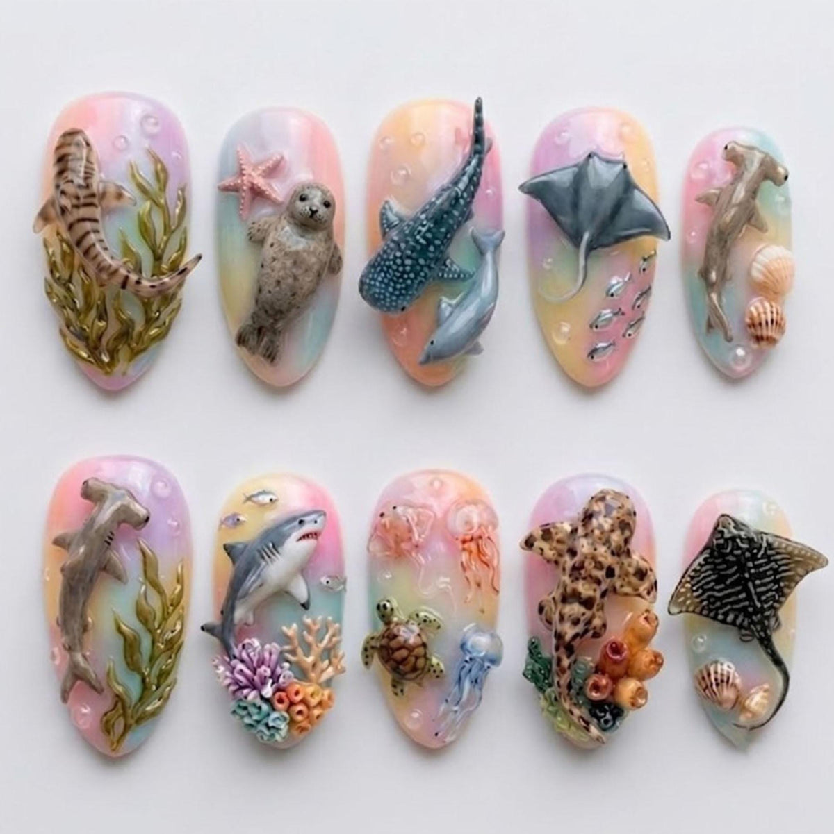Pastel 3D Marine Life Aquarium Nail Set