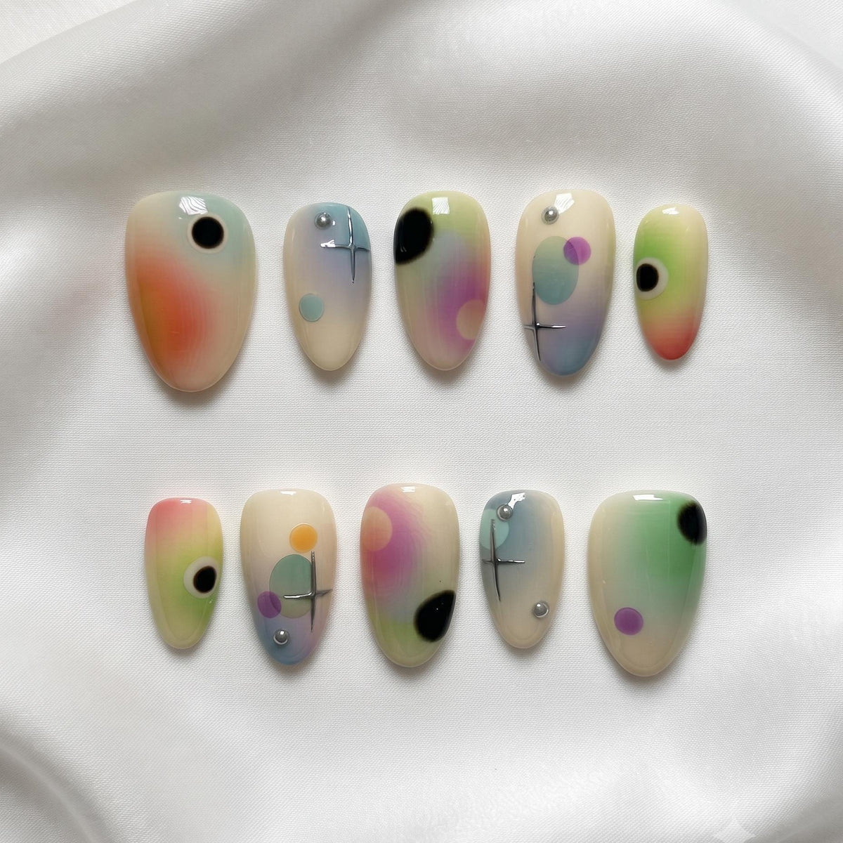 Pastel Aura Gradient Nails with Celestial Dots and Silver Accents