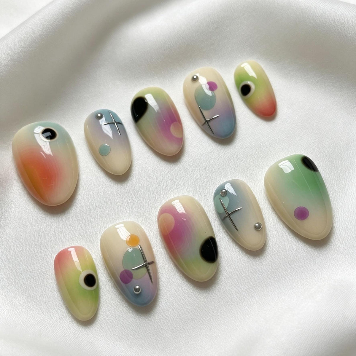 Pastel Aura Gradient Nails with Celestial Dots and Silver Accents