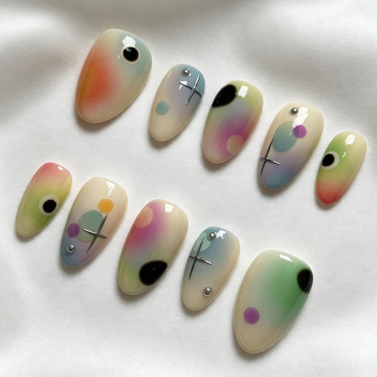 Pastel Aura Gradient Nails with Celestial Dots and Silver Accents