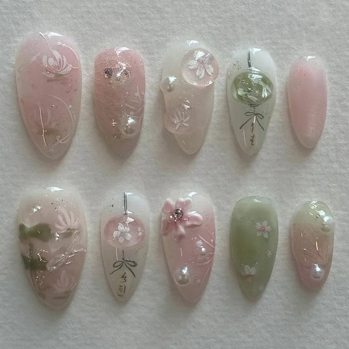 Pastel Blossom Press On Nails With Pearl Accents and Gold Bows