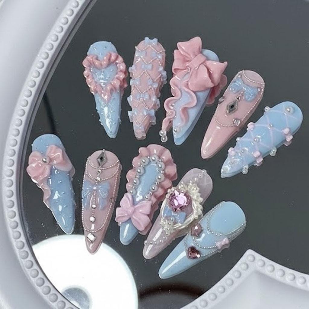 Pastel Blue and Pink Coquette Princess Bow Pearl Press-On Nails