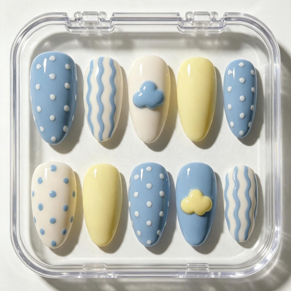 Pastel Blue and Yellow Cloud, Dot, and Wavy Stripe Nail Set