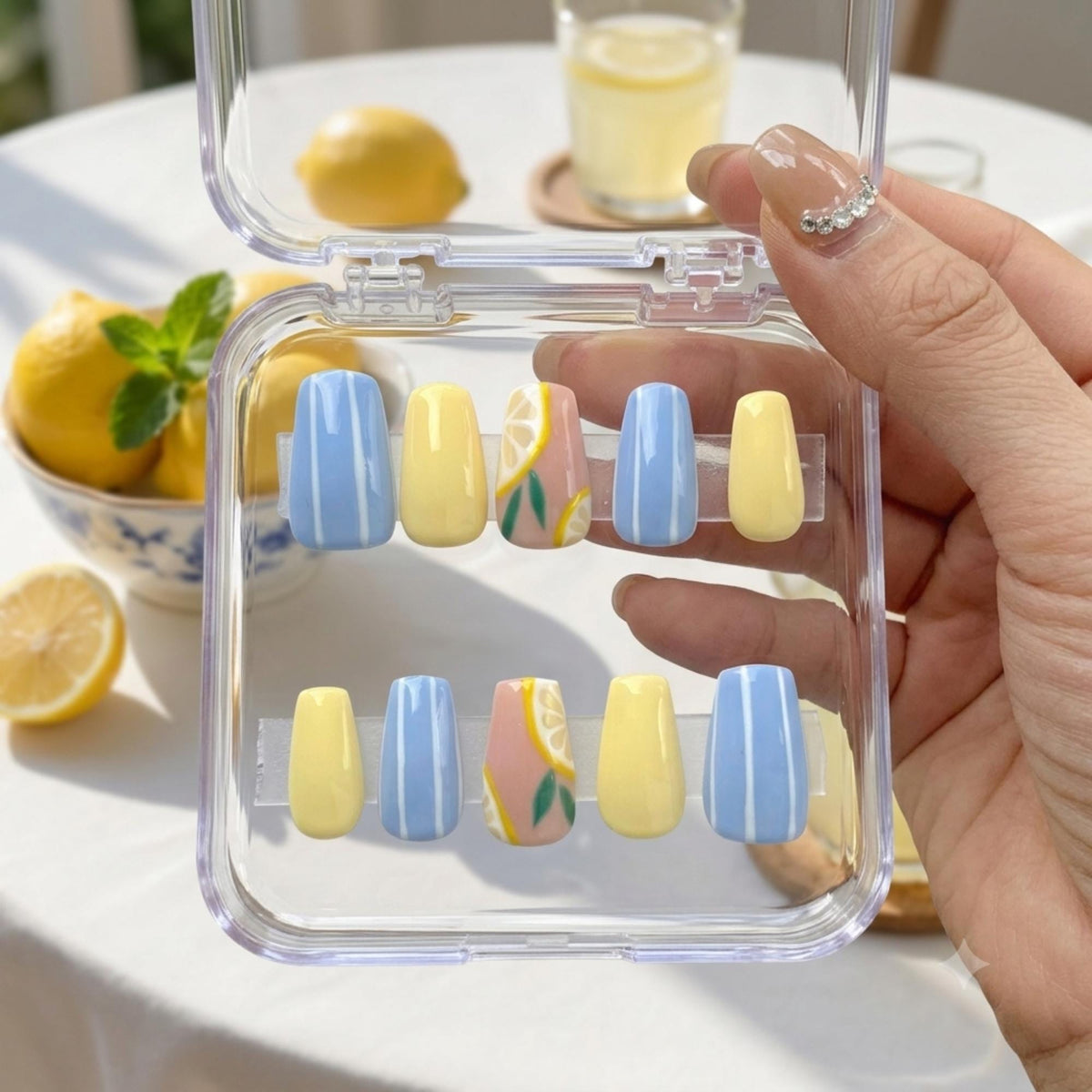 Pastel Blue Striped and Lemon Slice Press On Nails