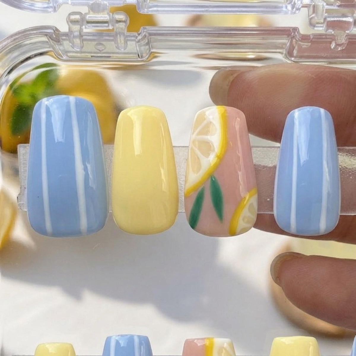 Pastel Blue Striped and Lemon Slice Press On Nails