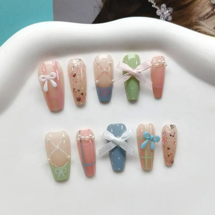 Pastel Bow and Ribbon Press On Nails With Pearl Accents and Rose-Gold Glitter
