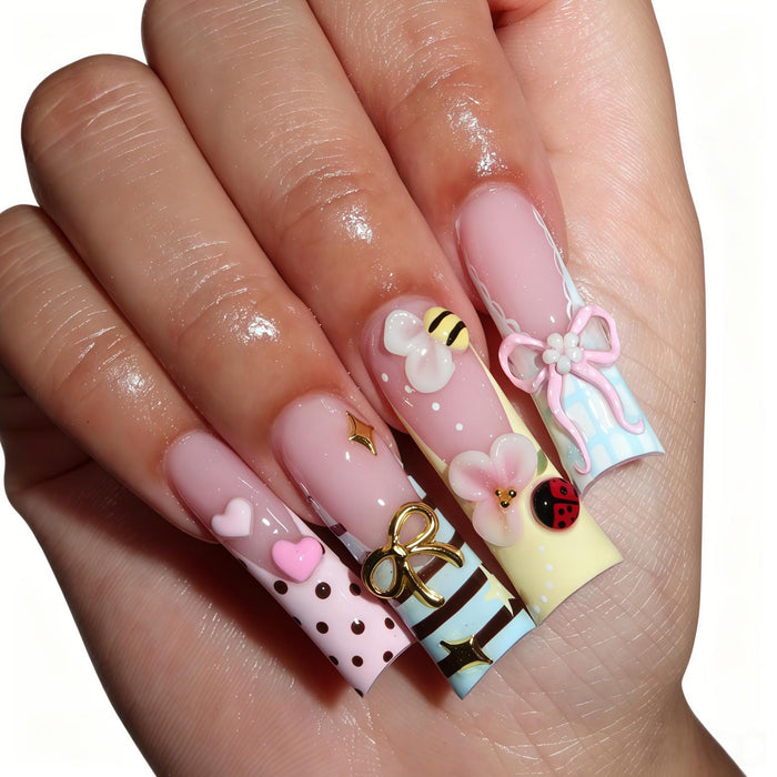 Pastel Bow, Heart, Bee and Ladybug Press On Nail Set