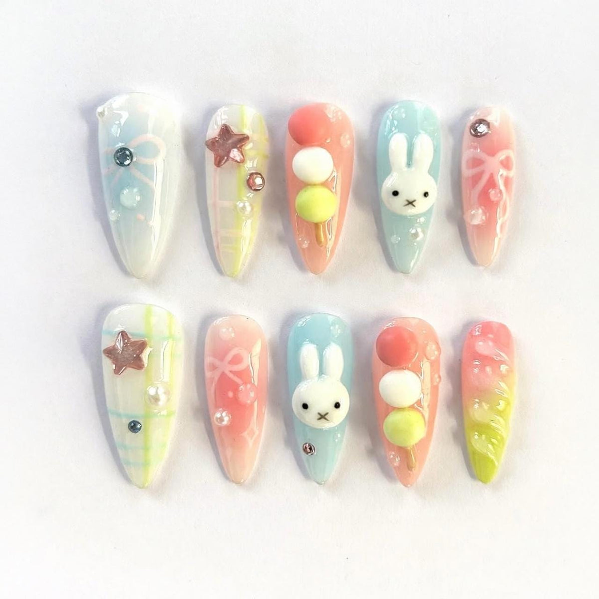 Pastel Bunny and Dango Nails with Plaid, Bows, Stars, and Rhinestones