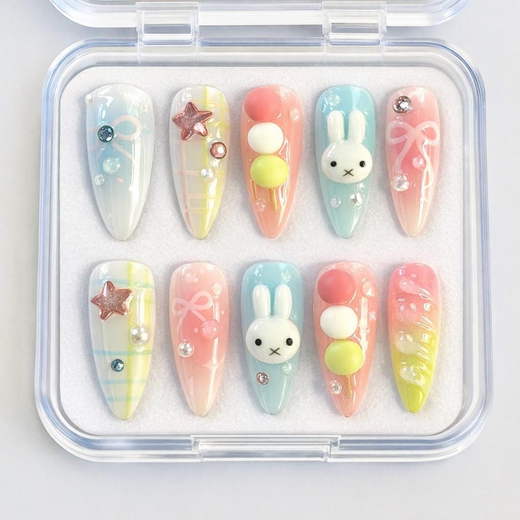 Pastel Bunny and Dango Nails with Plaid, Bows, Stars, and Rhinestones