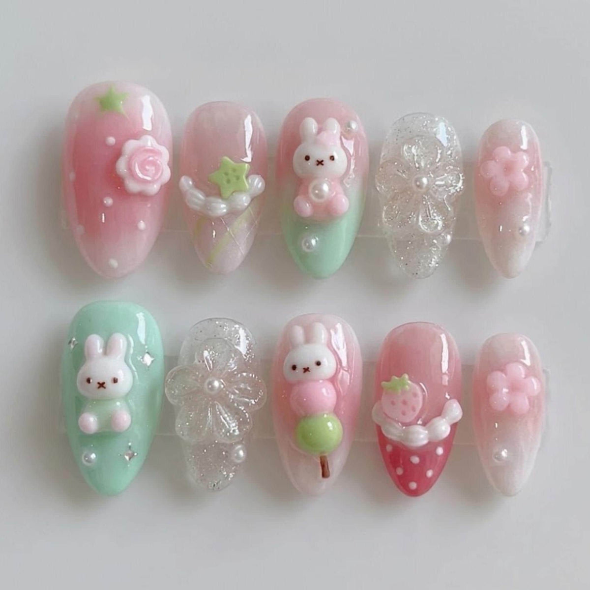 Pastel Bunny, Strawberry, and Dango 3D Nail Set