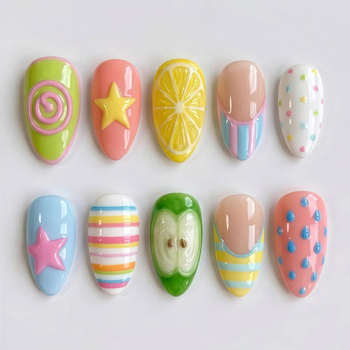 Pastel Candy and Fruit Press On Nail Set With Lemon Slices, Stars, and Stripes