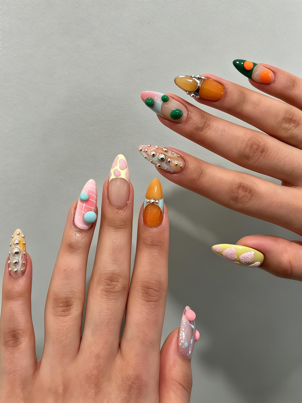 Pastel Candy Color Block Nails With 3D Beads