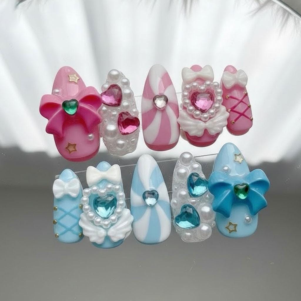 Pastel Candy Princess Nail Set With Pink and Blue Bows, Hearts, and Pearls