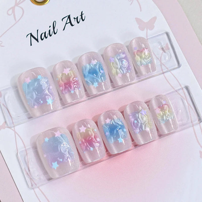 Pastel Candy Star Press On Nails With Iridescent Foil and Raised 3D Motifs
