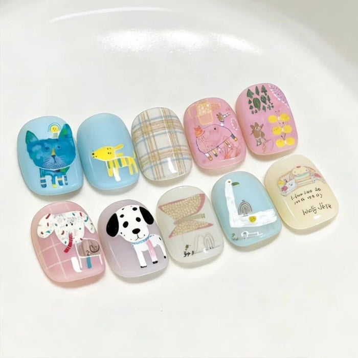 Pastel Cartoon Animal Press On Nails With Plaid and Floral Details