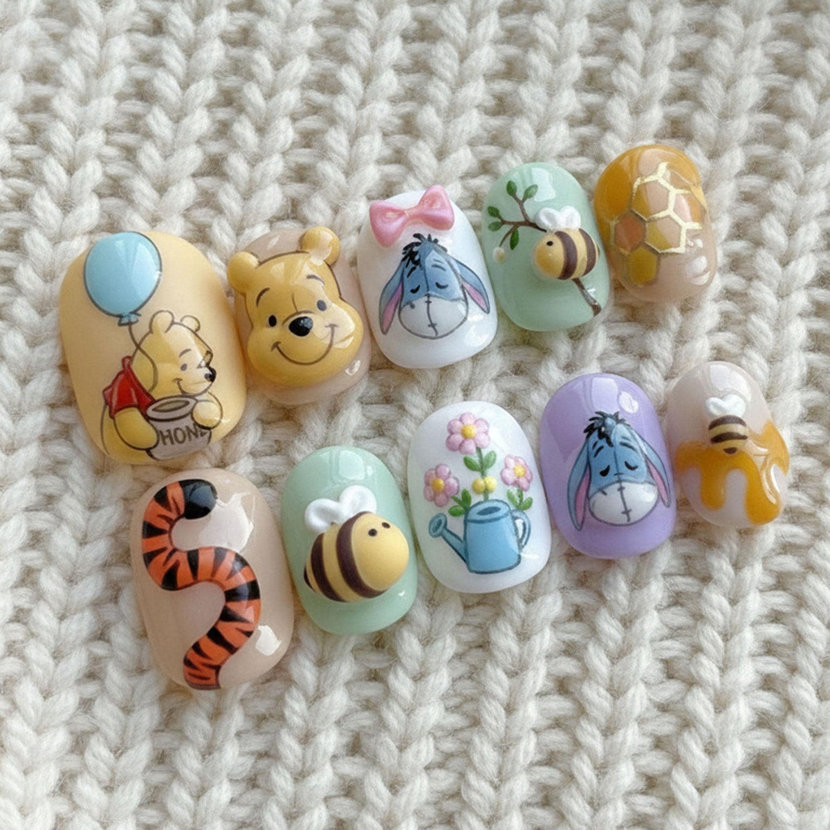 Pastel Cartoon Bear, Bee, and Flower Press-On Nail Set