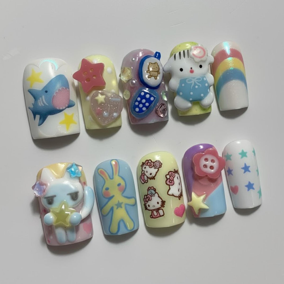Pastel Cartoon Charm Press On Nails With Bunny, Rainbows and Stars