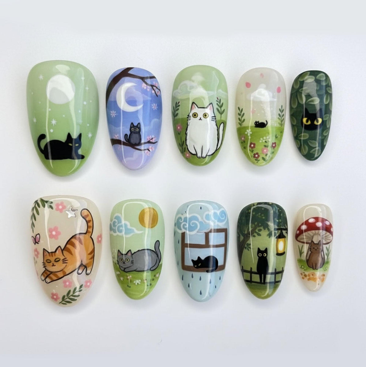 Pastel Cat and Nature Nail Set with Flowers, Moon, Clouds and Mushrooms