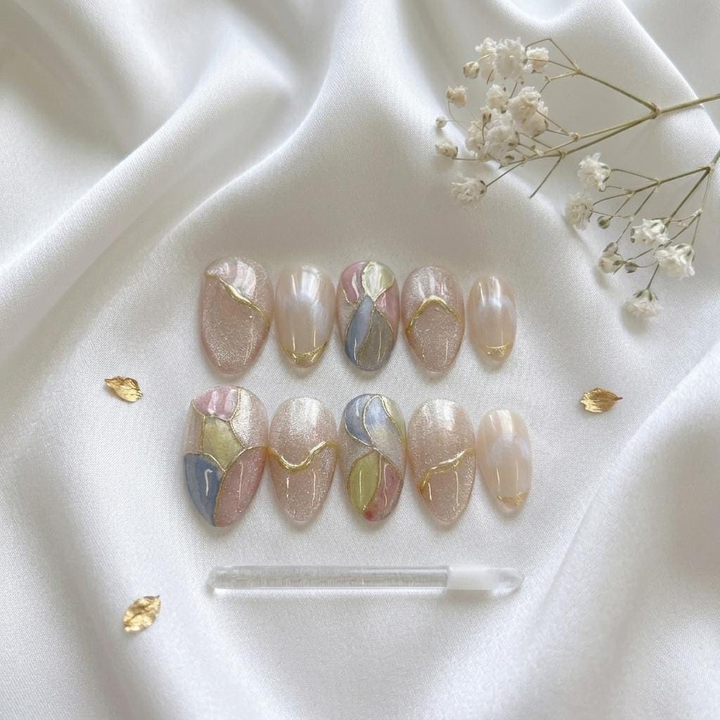 Pastel Cat Eye Press On Nails With Abstract Gold-Line Patchwork